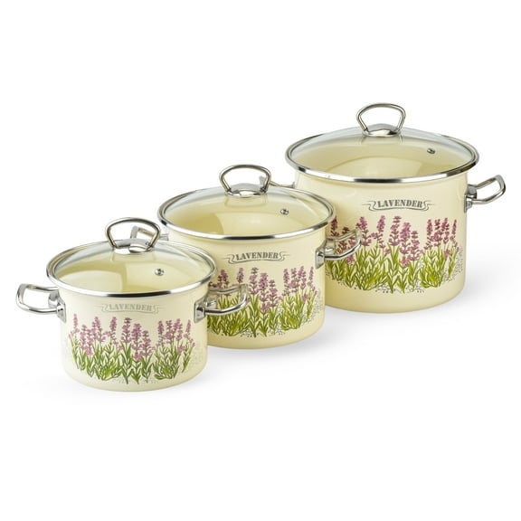 Novomoskovsjka Posuda Lavender Fields Cylindrical Enamel Pot with Glass Lid Set of 3 pcs 2.1Qt/3.2Qt/5.8Qt Enameled Steel Stockpots Cooking Pot Induction Pot Kitchen Pot Stock Pot Soup Pot