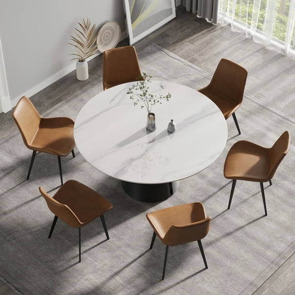 LiviNest Sintered Stone Dining Table for Family: 10-Year Durable White Round Table - 400lb Capacity for 6 People - Modern Black Carbon Steel Base