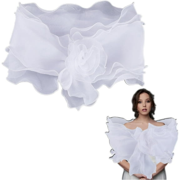 White Chiffon Shawl Wrap Ruffle Trimming Vintage Sheer Silk Fabric Cape Pleated Wave Floral Edging Detachable Soft Collar for Wedding Bridal Decoration Women Party Birthday Dresses Clothes
