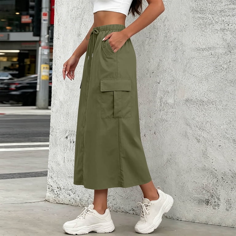 Fnooota Women's Cargo Skirts, Back Slit Elastic Waist Drawstring