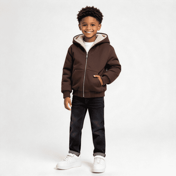 Boys Hoodie Fleece Lined Casual Warm Long Sleeve Zip Up Kids Fall Winter Sweatshirt Jacekt Brown 5-14