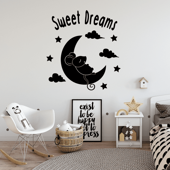 Mouse Rat Moon Sweet Dreams Good Night Dream Quotes Cute Sleeping Vinyl Design Wall Sticker Art Decal Boys Girls Kids Toddler Room Bedroom Nursery Kinder Decors Stickers Decoration Size (10x10 inch)