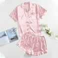 thumbnail image 3 of Satin Slumber Set, Women's Casual Solid Silk Satin Pajama Set Short Sleeve Button Up Top & Shorts Sleepwear, Womens Pajamas Set, for Size M, 3 of 4
