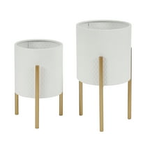 HomeStock Country Cottage White Metal Cachepot Planters Set With Gold Stands