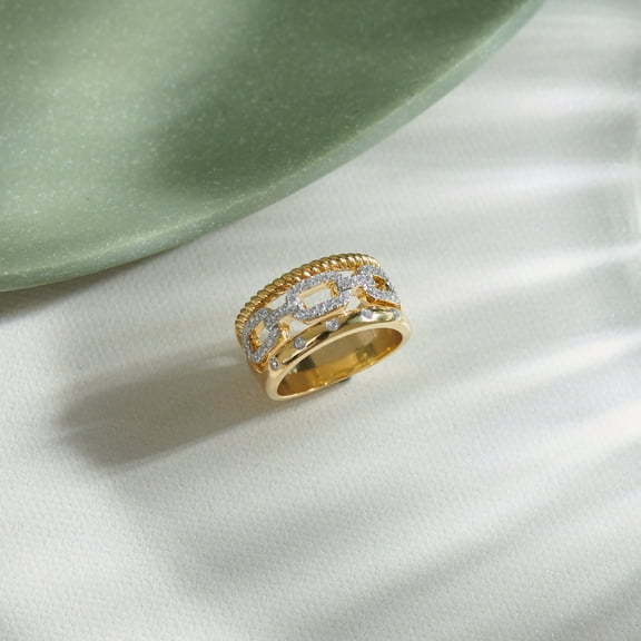 Hitanshu Jewels Gold-Plated Wide Band Ring with CZ Accents and Intricate Design – Elegant Jewelry for Women