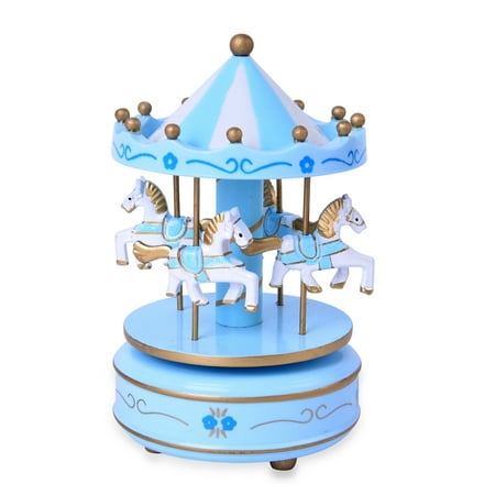Blue and White 4-Horse Wooden Carousel Music Box 4x4x7"