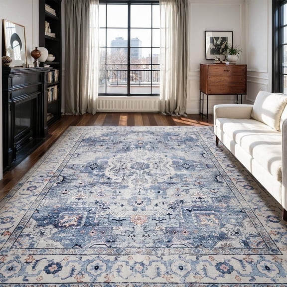 VUNATE 5'x7' Area Rugs for Living Room Washable Rugs Floral Vintage Area Rug Boho Indoor Carpet Soft Rugs for Bedroom Office Dining Room Kitchen Accent Rug Contemporary Home Decor Blue