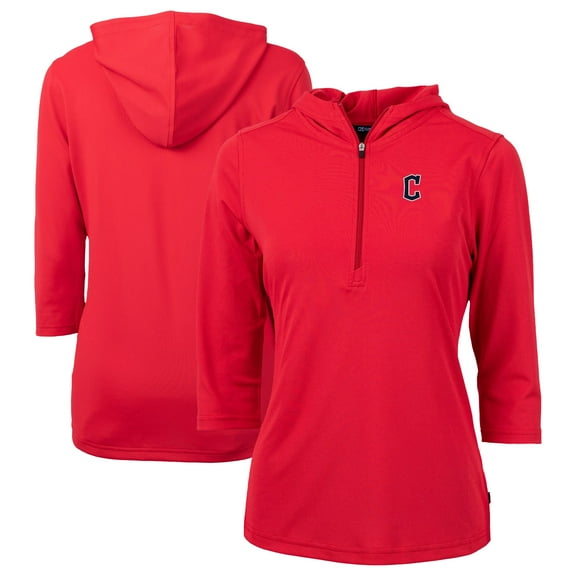 Women's Cutter & Buck Red Cleveland Guardians  DryTec Virtue Eco Pique Recycled 3/4-Sleeve Half-Zip Pullover Hoodie