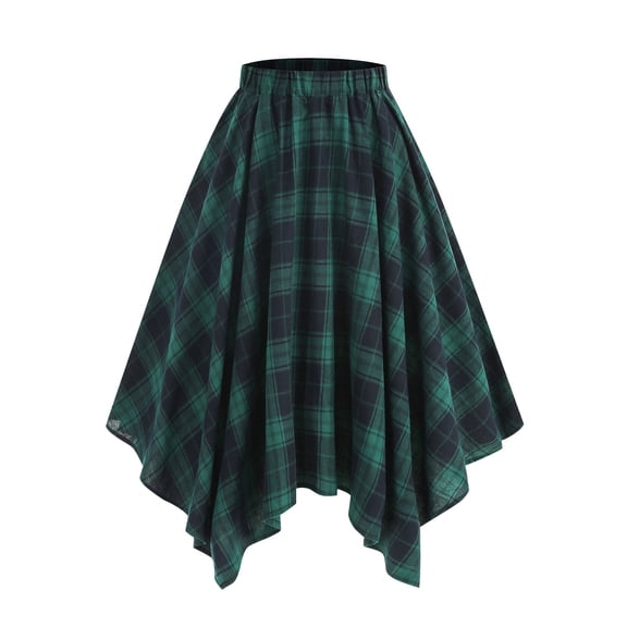 Gothic Plaid Midi Skirt for Women Vintage High Waisted A Line Asymmetrical Lace Up Pleated Skirt