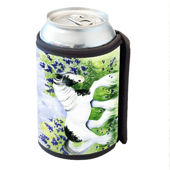 KuzmarK Insulated Drink Can Cooler Hugger - Piebald Gypsy Cob with Lilacs and Violets Horse Art by Denise Every