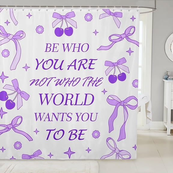 Purple Bowknot Kids Shower Curtains,Cherry Tropical Fruit Stars Daisy Cute Bathroom Curtains for Girls Women,Bow Tie Cartoon Princess Romantic Waterproof Curtains,12 Hooks Suits,72" W x 84" L