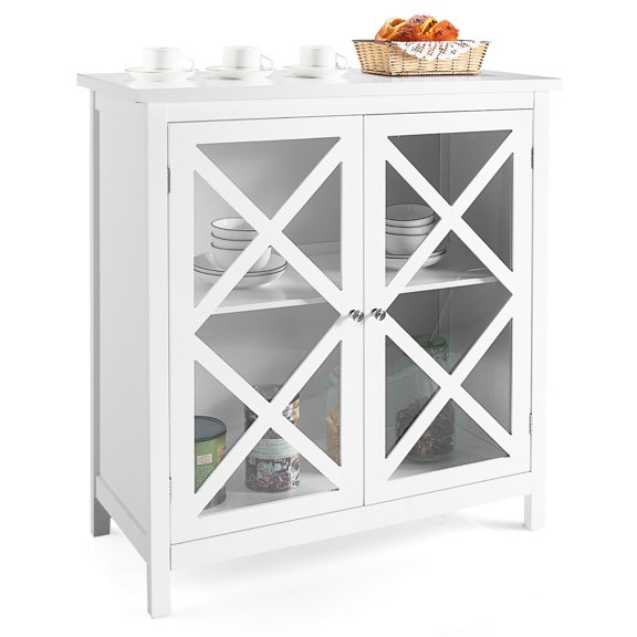Costway Kitchen Buffet Sideboard Storage Cabinet w/Glass Doors & Adjustable Shelf White