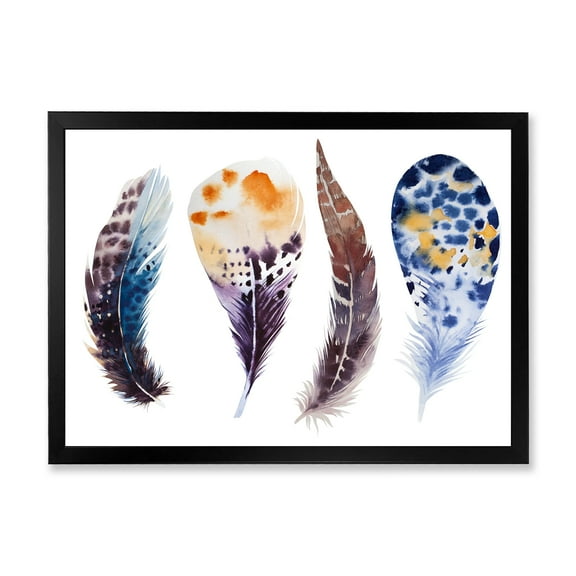 Designart 'Colourful Boho Feather Set On White VIII' Bohemian & Eclectic Framed Art Print