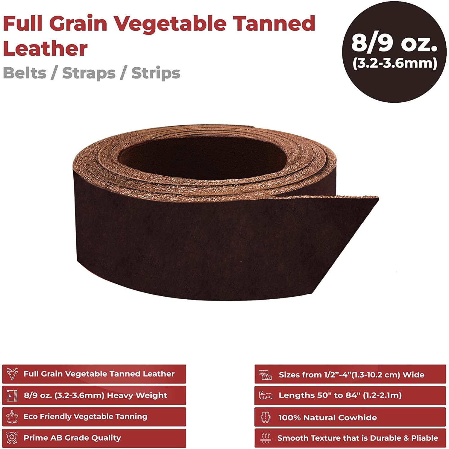3-1/2x50 #2 Vegetable Tan Import Cowhide Leather Strip 8/9 oz 
