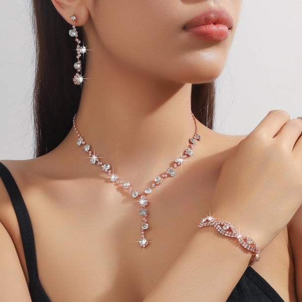 Prom Earrings Necklace Bracelet Set Elegant Crystal Necklace Earrings Bracelet Bridal Wedding Prom Dress Jewellery Set For Women