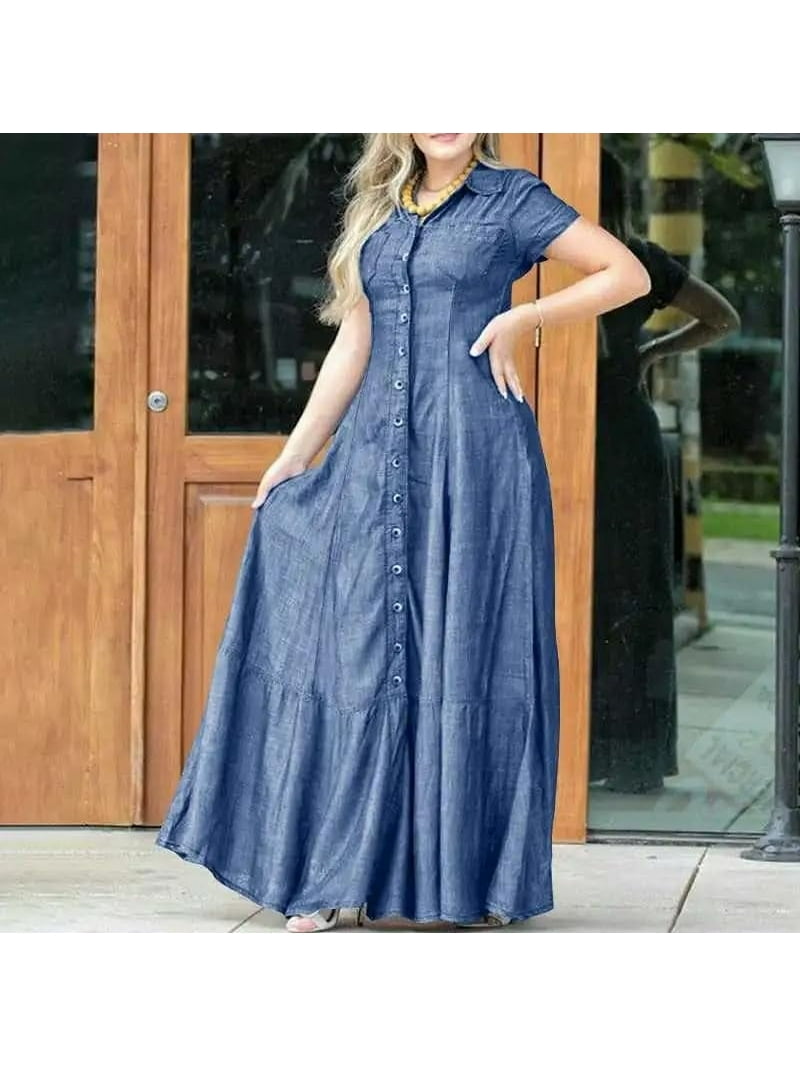 white christmas dresses Women's Layers Denim Maxi Dress with Tiered Silhouette – Wash Lab –  washlabshop main image 0