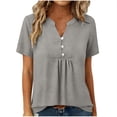 thumbnail image 2 of Women's Solid Color Casual Button V-Neck Short Sleeve Loose Fit T-Shirt Top, 2 of 9