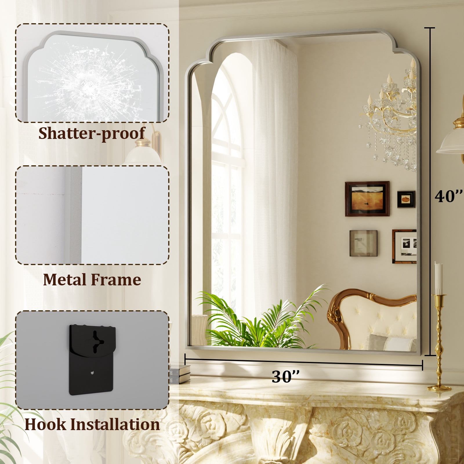 Easy4Home 40"x30" Arched Bathroom Mirror Decorative Wall Mounted Vanity Mirror, Silver