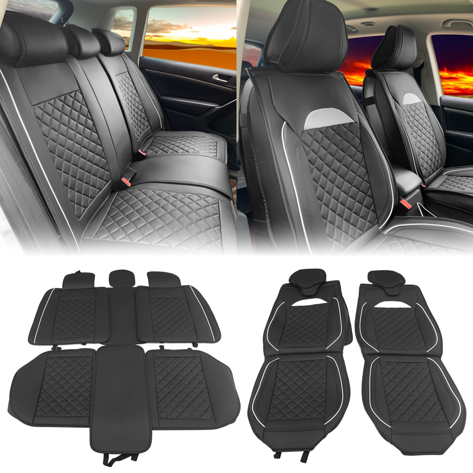 Ikon Motorsports Car Seat Covers Universal Fit 03 Style Black & White PU Leather First Back Row Auto Seat Cover Cushion Protectors 5-Seat Full Set
