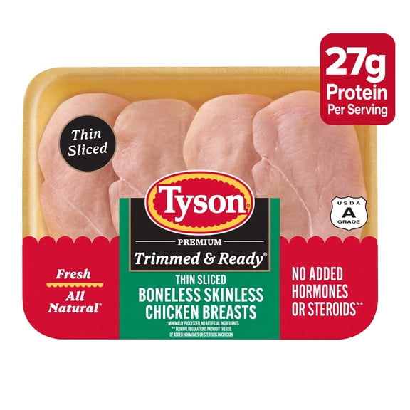 Tyson Trimmed & Ready All Natural, Fresh, Thin Sliced Boneless Skinless Chicken Breasts, 0.6 - 2.0 lb Tray