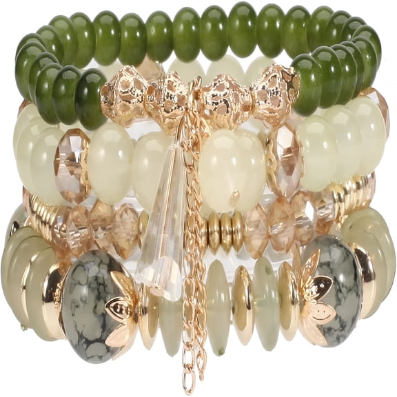 DESIGNICE Bohemian Green Jade Stackable Bracelet Set-4-Layer Stretch Beaded Bracelets with Gold Accents,Boho Jewelry for Women,Fashion Statement Accessory