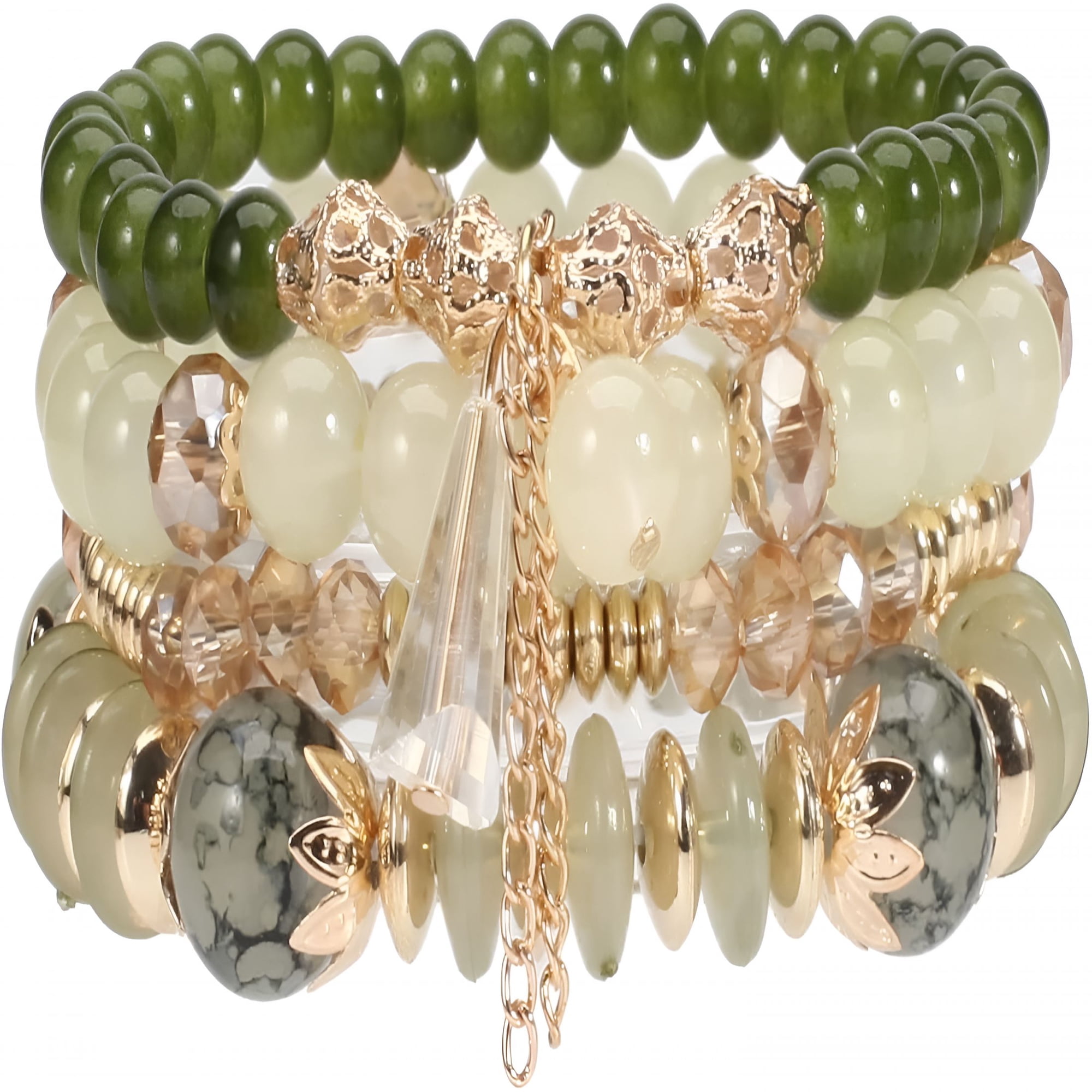 DESIGNICE Bohemian Green Jade Stackable Bracelet Set-4-Layer Stretch Beaded Bracelets with Gold Accents,Boho Jewelry for Women,Fashion Statement Accessory