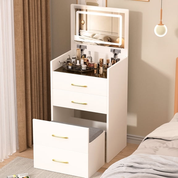 Compact Makeup Vanity - Flip - up Mirror Function - Bedroom Usage - Large Organizer Drawer