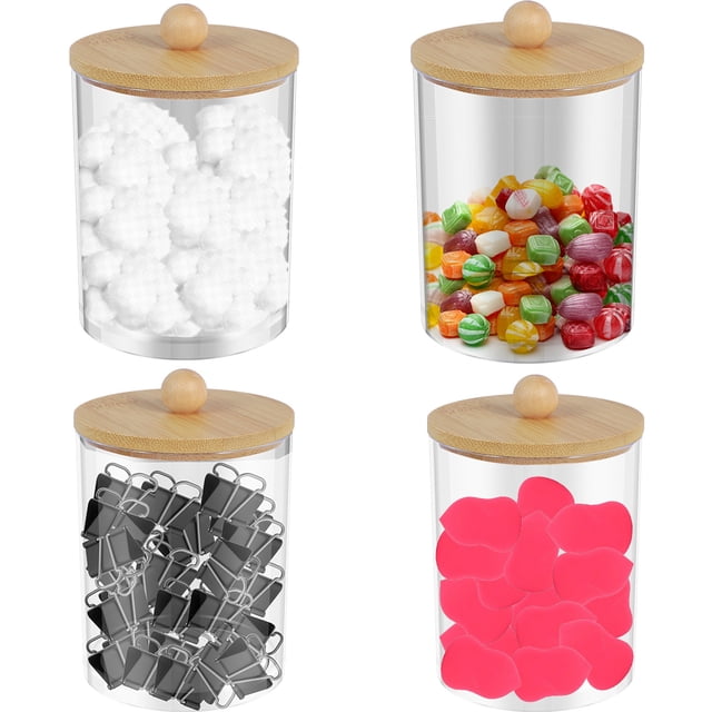 Grusce 4Pcs Cotton Pads Holder Stackable Cotton Balls Container with Lid, a set of four clear acrylic containers with bamboo lids. Each container measures 2.7 inches in diameter and 4.5 inches in height, ideal for organizing cotton balls, candies, clips, or other small items. Designed for multipurpose use, these dust-proof and stackable containers are perfect for bathroom storage or cosmetic organization.
