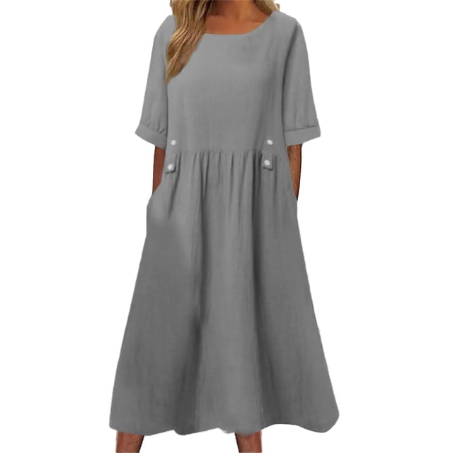 B91xZ Robes Moulantes pour Femmes Col Rond Manches Courtes Robes d'Été Couleur Unie Décontractées Midi Amples, Gris TTTG
