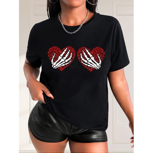 Women'S Casual Crew Neck Short Sleeve T-Shirt, Polyester Knit Fabric with Medium Stretch, with Skeleton Hand Heart Print, for Spring/Summer/Fall