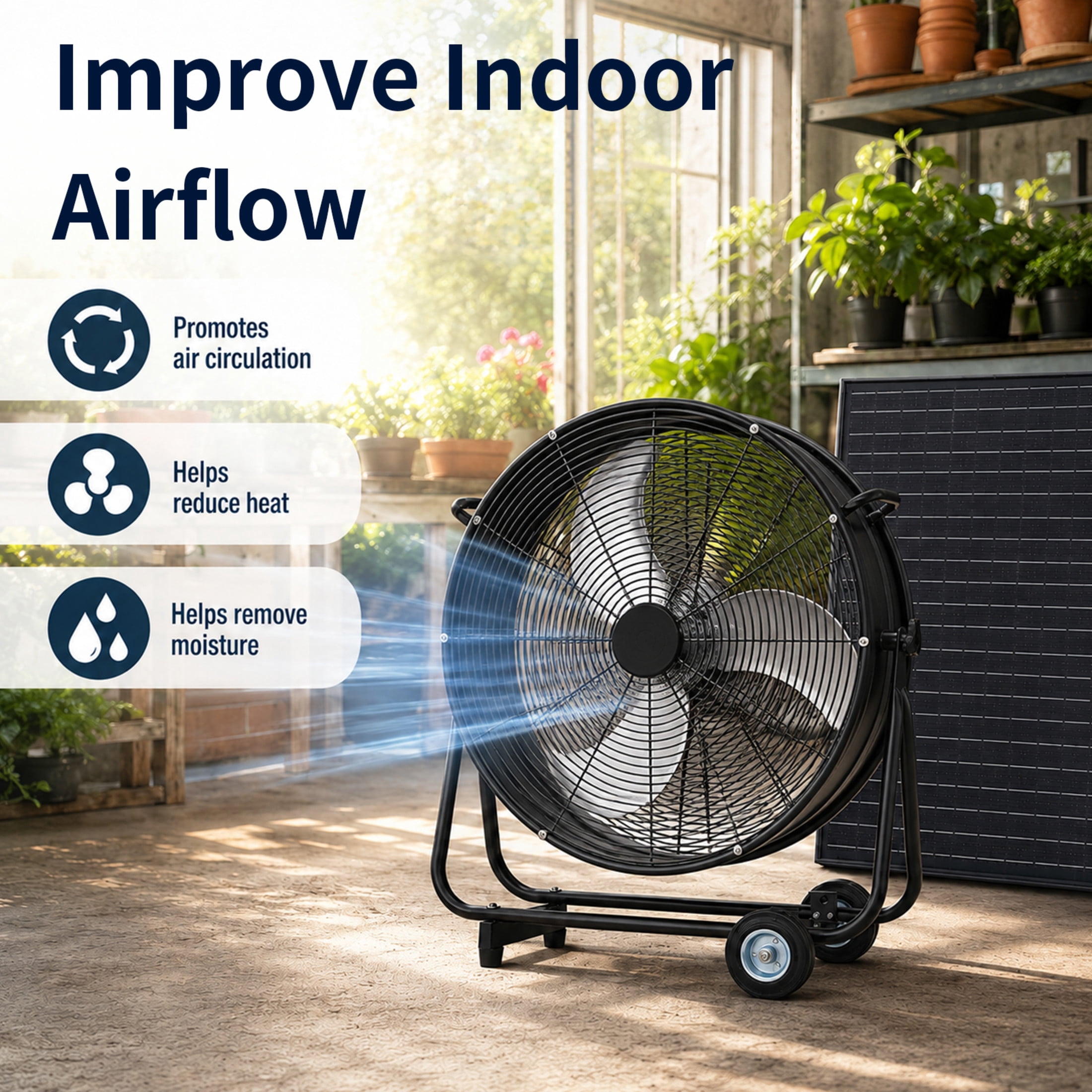 Noble House 24" Solar Floor-Standing Drum Fan, 140W Adjustable Panel Mobile Vent Fan with Casters, Black