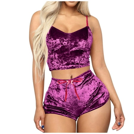 

Womens Pieces Camisole Outfit + Velvet 2 Crop Top Romper Sleeveless Shorts Women Suits Sets Pretty Women Clothes Plaid Pajamas Women