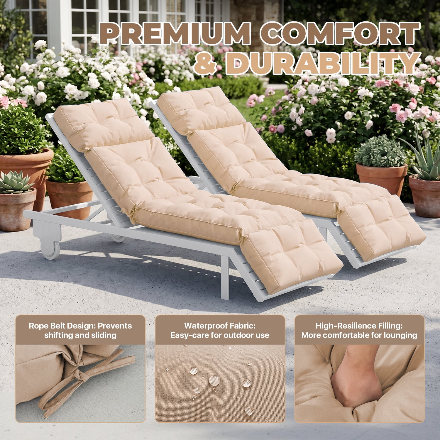 BaPiPro Set of 2 Upgraded 4-Segment Chaise Lounge Cushions, All-Weather Tie Fastened Pads with Plush PP Cotton, for Patio, Poolside & Balcony, Beige