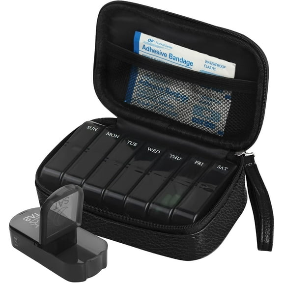 Weekly PU Leather Pill Bag Organizer Case 2 Times a Day, AM PM Daily Pill Box to Hold Vitamin, Fish Oil, Supplements and Medicine (Black)