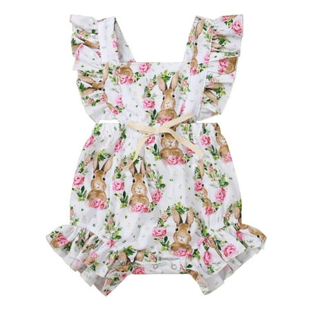 

BrilliantMe Baby Girl’s Cute Easter Bunny Ruffles Fly Sleeve Bandage Jumpsuits White 6-9 Months