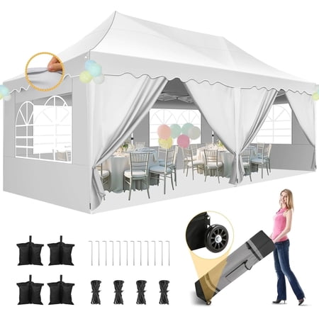 sanopy 10  x 20  pop up canopy party tent with 6 removable sidewalls  wave eave outdoor waterproof patio gazebo tent with carry bag  backyards camping picnics  white