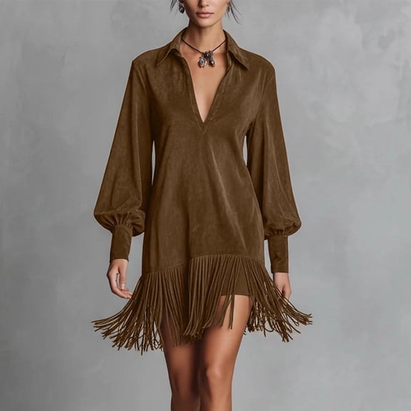 AUNVITO Women's Deep V Neck Long Sleeve Dress with Fringe Detail Vintage Loose Fit Solid Color Maxi Dress