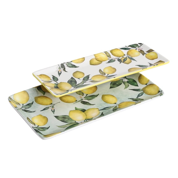 Bico Lemon Dreams Ceramic 14 inch Rectangular Serving Platter, Set of 2, for Serving Salad, Pasta, Cheese, Ham, Appetizer, Microwave & Dishwasher Safe