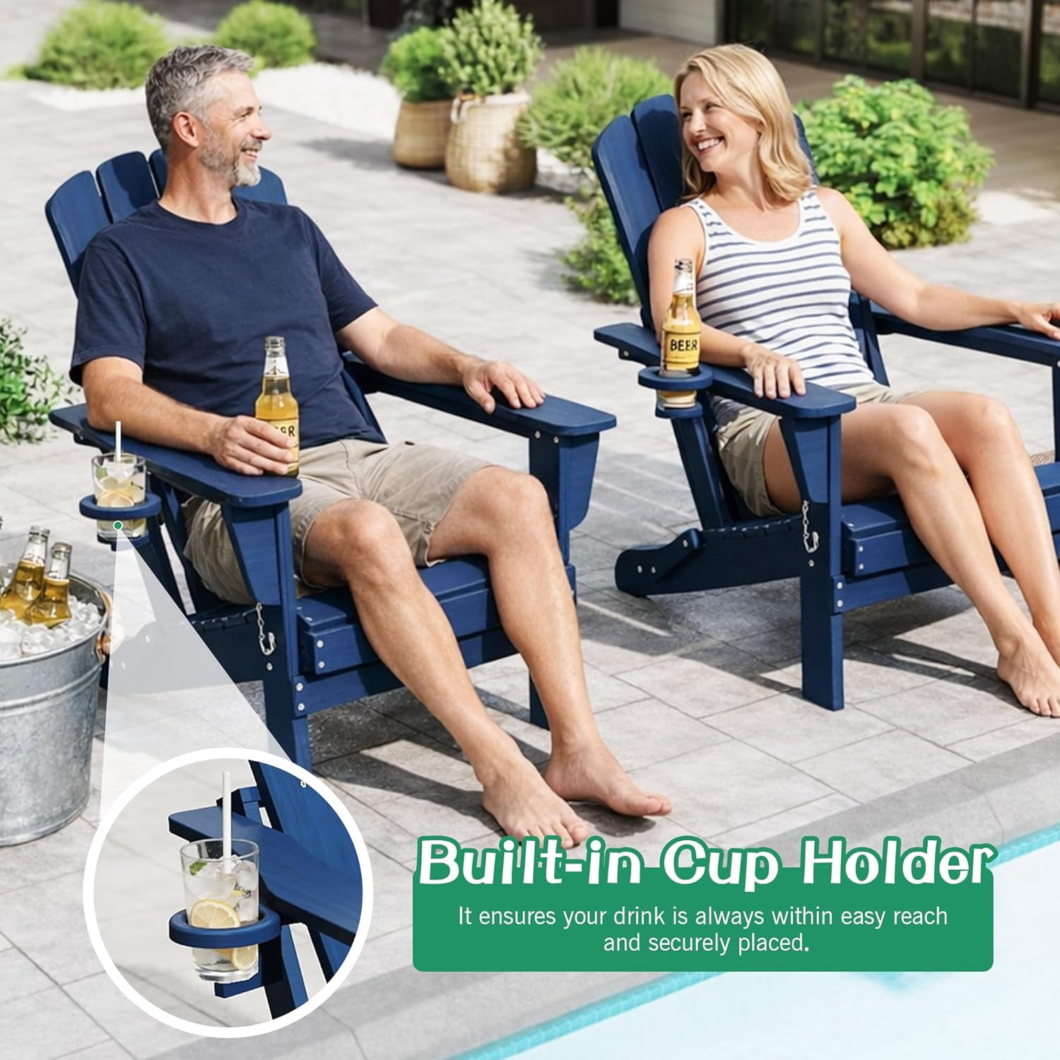 Domi Outdoor Living Folding Adirondack Chair Set of 8, All-Weather HDPE Patio Chair with Cup Holder, Weather-Resistant Fire Pit Seating for Backyard, Deck, Garden & Poolside, Blue