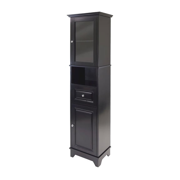 FurniFact Black Tall Bathroom Storage Cabinet with Glass Door & Drawer