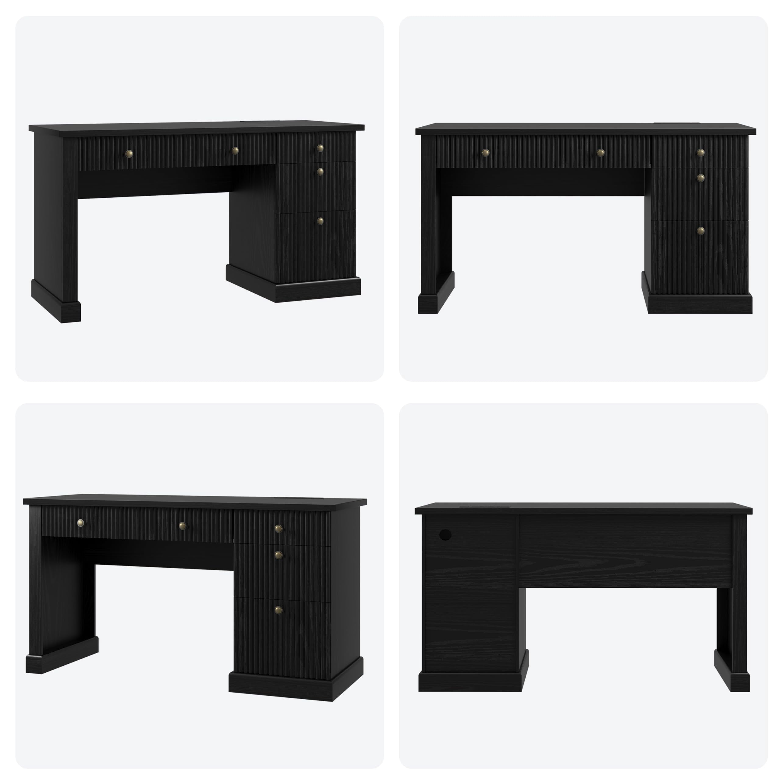 54" W Modern Executive Office Desk with Charging Station & File Drawers, Wooden Computer Desk with Fluted Details, Home Office Storage Desk for Study & Bedroom-Black