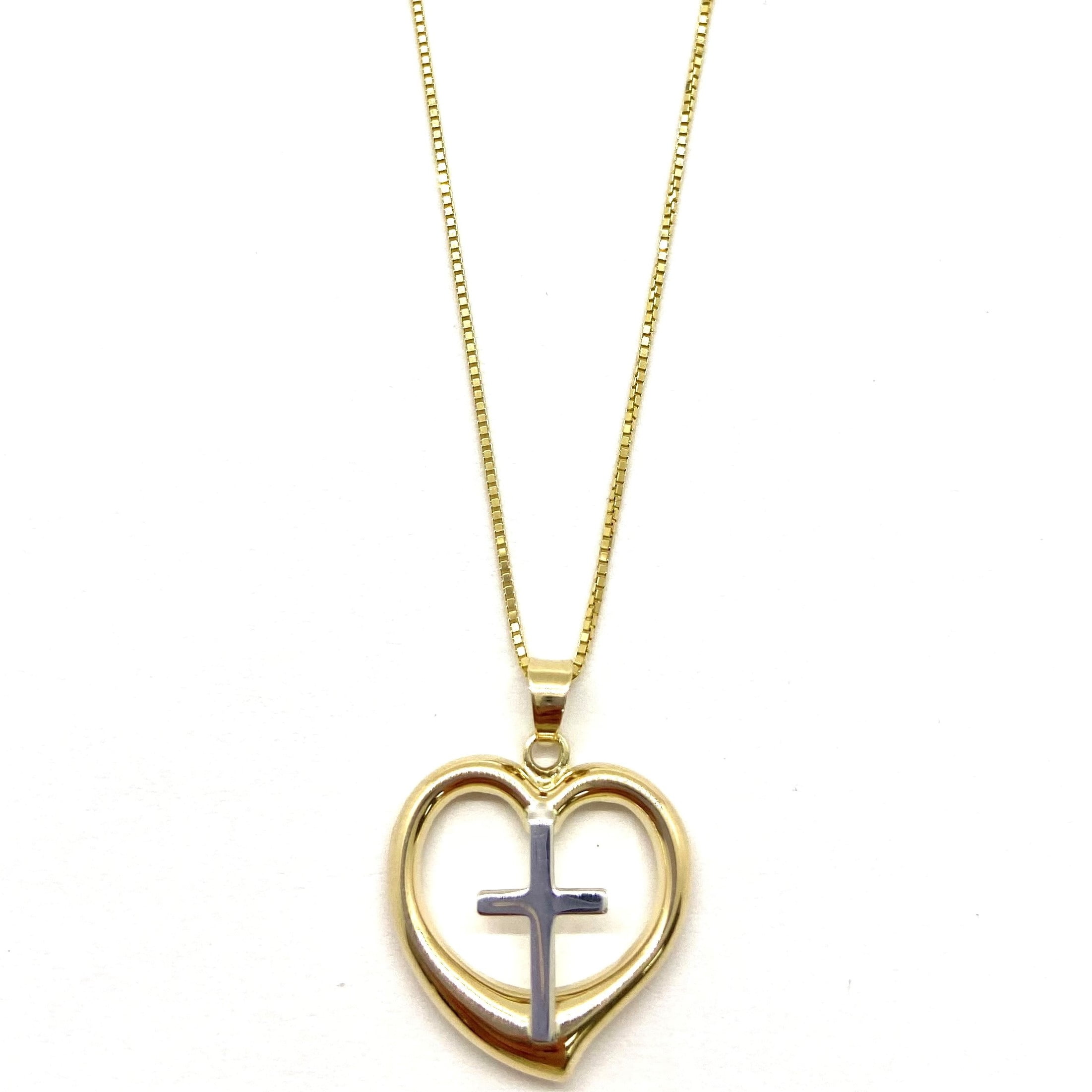 14k Gold Heart and Cross Pendant with 18'' Chain