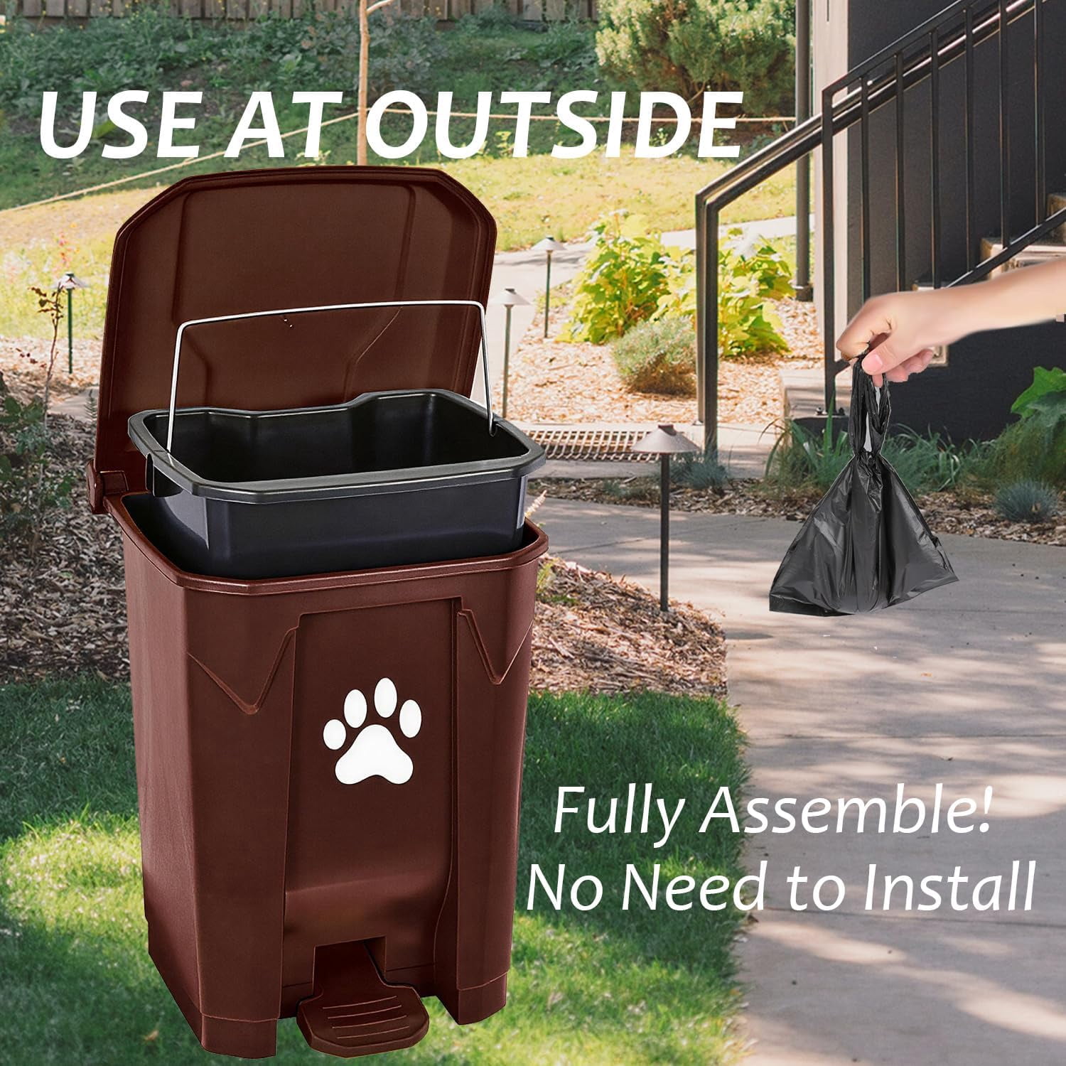 Dog Poop Trash Can Outdoors Pet Waste Station with Lid Dog Waste Disposal Container with Removable Inner Bin Bucket Hands-Free Pedal Garden Yard Home with 5Rolls Waste Bags, Grey