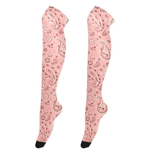 Pink Paisley High Thigh Socks Over Knee Thin Tights Long Stocking for Women Leg Warmer