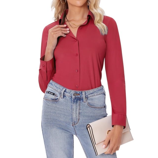 Camisas con botones para mujer Siliteelon, corte ajustado, color rojo, talla L