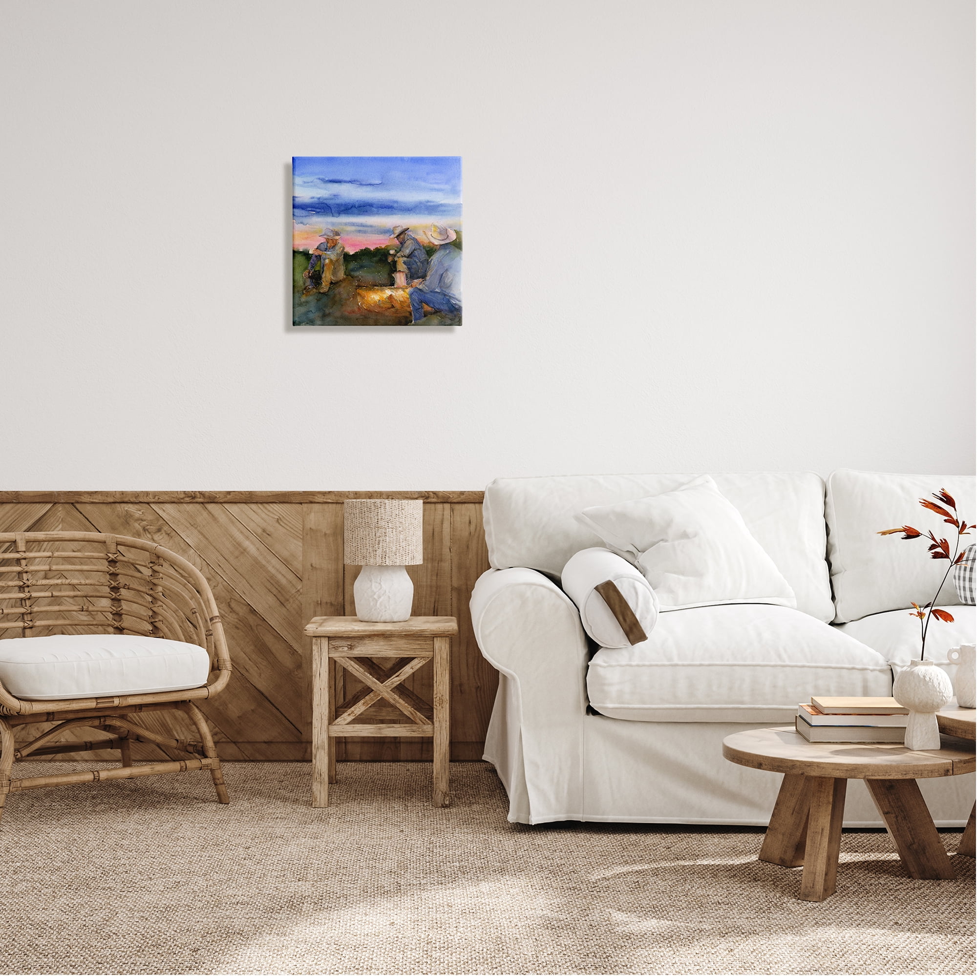 Stupell Industries Cowboys Around Campfire Landscape Painting Gallery Wrapped Canvas Art Print Wall Art, 17 x 17