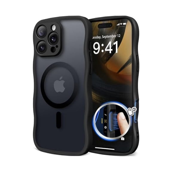 Eryueer for iPhone 16 Pro Max Case for Women Girls, Upgraded [Full Camera Protection] [Compatible with MagSafe] Cute Wave Translucent Matte Phone Case for iPhone 16 Pro Max, Black