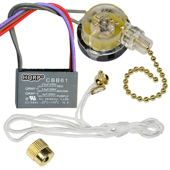 HQRP Kit Ceiling Fan Capacitor CBB61 2.5uf 3.5uf 4uf 5-Wire and 3-Speed Fan Switch
