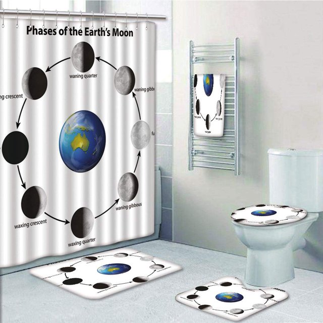 EREHome Phases Éducatives sur la Lune comme Vu de la Terre Cycle d'Astrologie Rotation Céleste 5 Pièce Salle de Bain Ensemble Douche Rideau Serviette de Bain Tapis Tapis Tapis et Couvercle de Toilette
