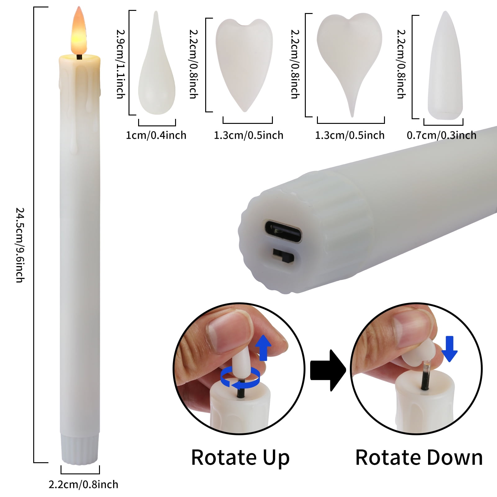 Rechargeable Flameless Taper Candles, 6 Pcs Real Wax LED Taper Candles Flickering with Remote&Timer, 4 Replaceable 3D Flame candle Heads for Home Wedding Christmas Decor (White)
